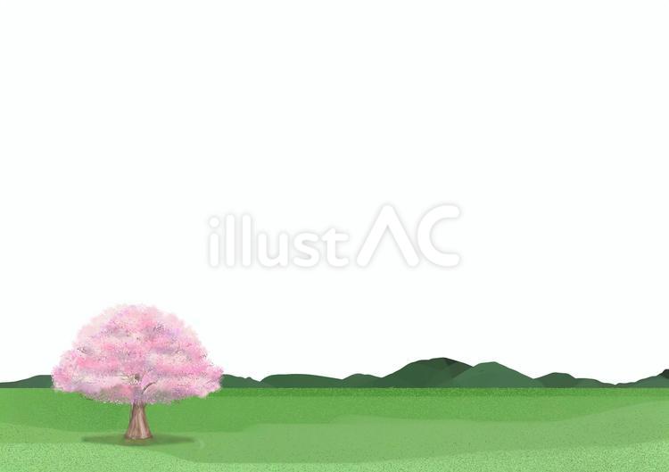 空が抜けている桜と山と野原の背景画 桜,春,植物のイラスト素材