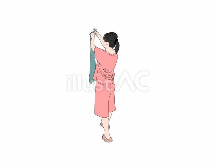 家事半袖家着で洗濯物のタオルを干す女性③ 洗濯,干し,女性のイラスト素材