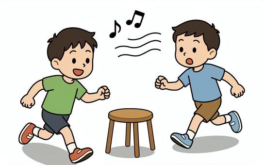 椅子取りゲームをする少年たち 背景なし 椅子,ゲーム,少年,遊び,音符のイラスト素材