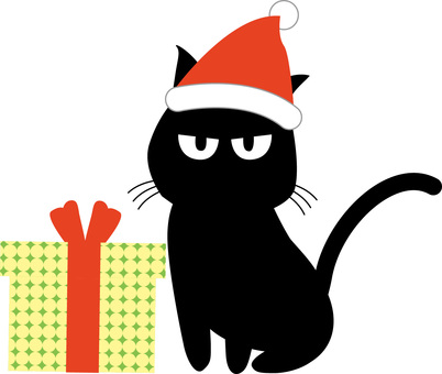 黒猫サンタ　 黒猫,サンタ,帽子,プレゼント,目つき,悪い,見つめる,かわいい,デフォルメのイラスト素材