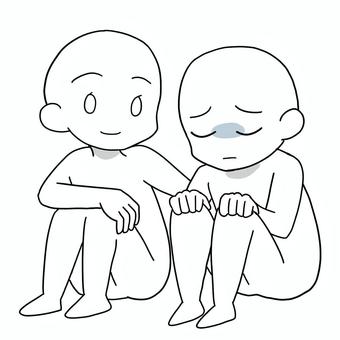 落ち込む人と寄り添う人 棒人間,人,落ち込む,寄り添う,励ます,不安,三角座り,体育座り,悩むのイラスト素材
