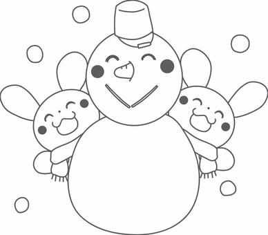 雪だるまとうさぎたちの笑顔の線画イラスト 雪だるま,うさぎ,線画,白黒,塗り絵,二匹,笑顔,雪,マフラー,手描きのイラスト素材
