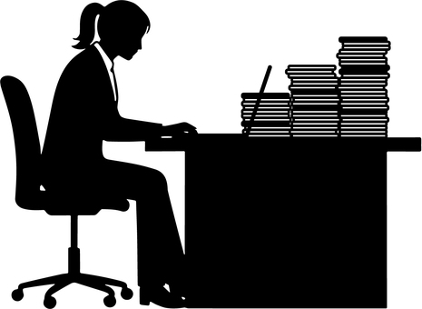 残業する女性社員のシルエット 残業,女性社員,会社員,ol,働く,仕事,デスクワーク,パソコン,書類,業務過多のイラスト素材