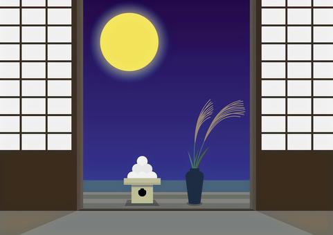 お月見 お月見,満月,中秋の満月,十五夜,夜,夜空,月見団子,ススキ,日本家屋,田舎のイラスト素材