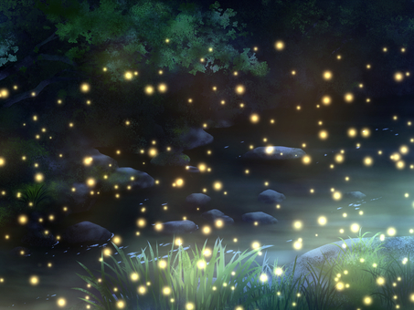 ノスタルジアな記憶【12】ホタルが遊ぶ森 ホタル,幻想的,神秘的,光,夜,森,川辺,田舎,自然,静けさのイラスト素材