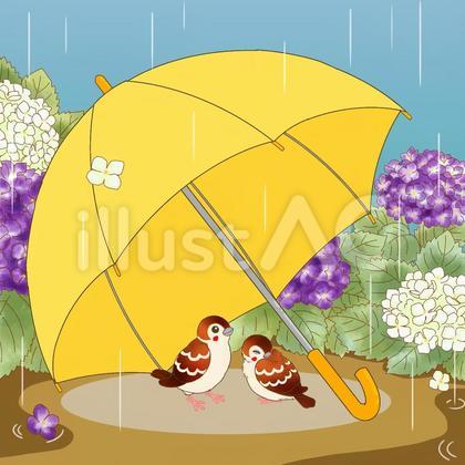 傘で雨宿りをする雀(紫白あじさい)