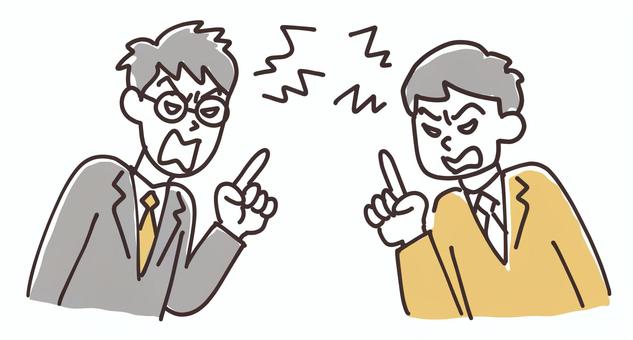 言い争いになる男性会社員二人 怒る,人物,ギャグ,コミカル,ゆるい,手描き,漫画タッチ,シンプル,喧嘩,仲違いのイラスト素材