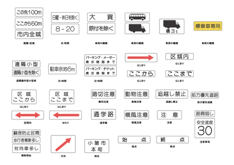 優しい色の補助標識セット1 補助標識,交通,安全,日本,道,距離,区域,時間,車両,種類のイラスト素材