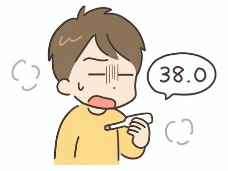 高熱の体温計を持った私服の若い男性 男性,風邪,体温計,熱,体調不良,病気,人物,人,男,20代のイラスト素材