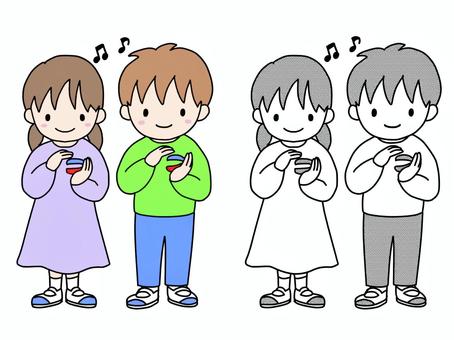 カスタネットで演奏する子 カスタネット,音楽,合奏,授業,男の子,女の子,学校,小学生,楽器のイラスト素材