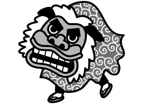 獅子舞-2c 獅子舞,正月,縁起物,お面,風呂敷,草履,足袋,かわいい,シンプル,モノクロのイラスト素材