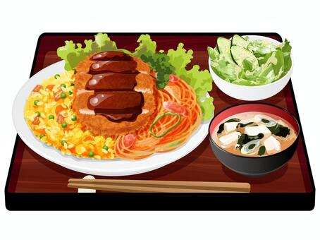 トルコライス定食 トルコライス,定食,料理,食べ物,とんかつ,スパゲッティ,ナポリタン,ピラフ,味噌汁,ネギのイラスト素材