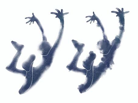 吹っ飛ばされる人影①青セット 吹っ飛ぶ,人影,青色,全身,にじみ,人物,飛ばされる,手書き,こける,万歳のイラスト素材