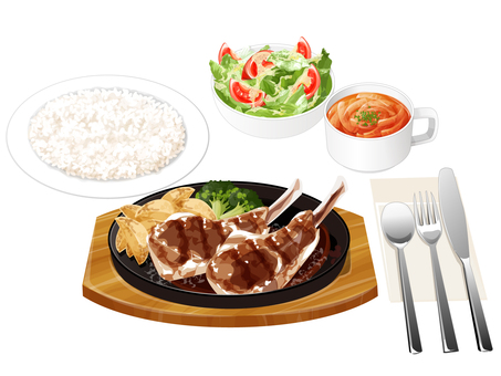 ラムチョップステーキセット1 ステーキセット,ラムチョップステーキ,ファミレス,料理,食べ物,ステーキ,オニオンスープ,サラダ,ライス,ポテトのイラスト素材