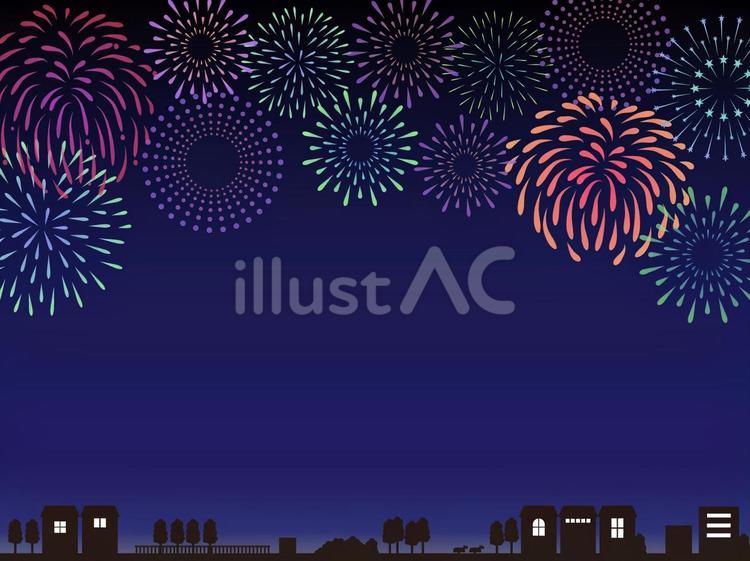 夏の背景　花火と夜の街のフレーム　10 花火,花火大会,打ち上げ花火のイラスト素材