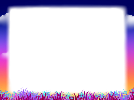 夕焼けと原っぱの綺麗なフレーム 原っぱ,夕焼け,フレーム,綺麗,神秘的,グラデーション,雲,水色,薄紫,紺色のイラスト素材