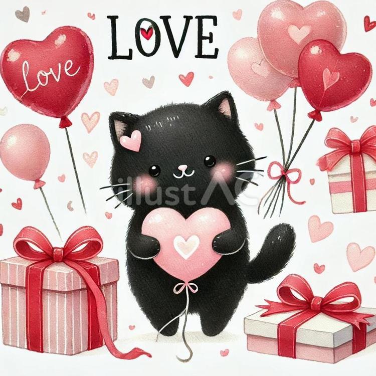 黒猫とハートのバルーンとプレゼント 猫,ネコ,子猫のイラスト素材
