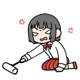 コロコロをかける怒る少女 小学生,コロコロ,掃除,怒る,不満,激怒,イライラ,むかむか,ストレス,かけるのイラスト素材