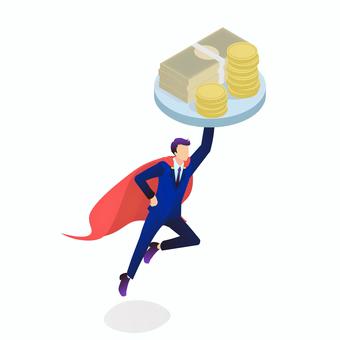 お金を持つスーパーサラリーマン スーパーマン,サラリーマン,アイソメトリック,お金,札束,ヒーロー,経理,利益,コイン,給与のイラスト素材
