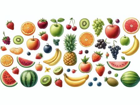 水彩風フルーツ素材セット 果物,水彩,くだもの,可愛い,シンプル,セット,かわいい,食べ物,素材,いちごのイラスト素材