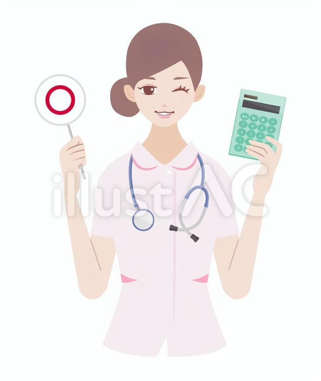 電卓とマル札を持つ女性（ナース姿） 女性,看護師,電卓のイラスト素材