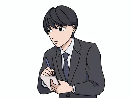 真面目にメモをとるスーツ姿の男性 メモ,スーツ,男性,若手,社員,会社員,ビジネス,会議,連絡,事務のイラスト素材