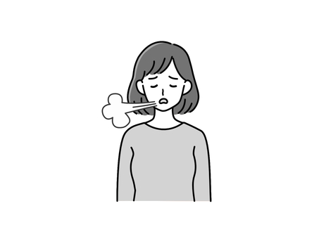 ため息をつく女性（バストアップ・白黒） 女性,ため息,バストアップ,ネガティブ,ストレス,上半身,若い女性,人物,落胆,吐息のイラスト素材