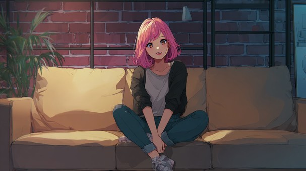 くつろぐピンク髪の女性
