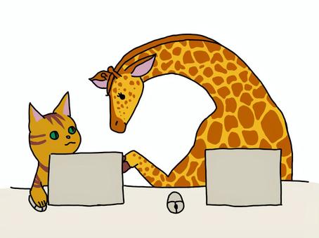 キリンの作業を教わるネコ キリンの作業を教わるネコ 猫,キリン,パソコンのイラスト素材