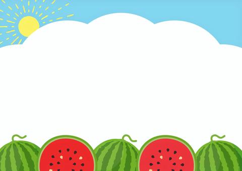 スイカの背景イラスト02 スイカ,すいか,夏,背景,フレーム,西瓜,太陽,空,雲,夏空のイラスト素材