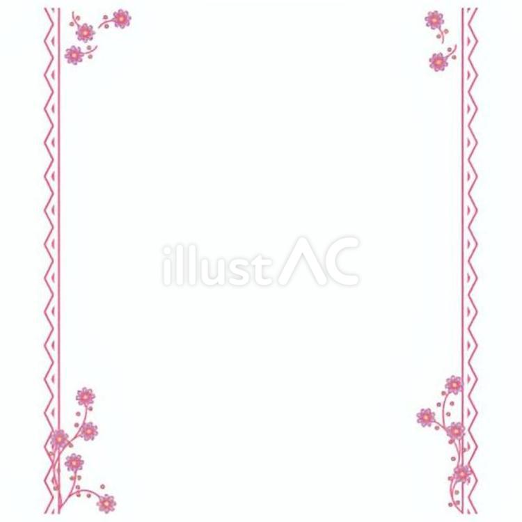 ピンクの花と左右にレースのイラストのフレーム 花,なみなみ,ギザギザのイラスト素材
