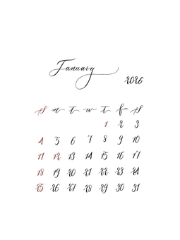 2026年1月のカレンダー カレンダー,2026,1月,シンプル,可愛い,おしゃれ,カリグラフィー,祝日,手帳,手書き文字のイラスト素材