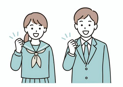 ガッツポーズをする高校生の男女イラスト 高校生,学生服,セーラー服,学ラン,学校,制服,教育,10代,笑顔,ガッツポーズのイラスト素材