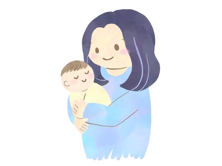 赤ちゃんと母親のイラスト（水彩風・青） 赤ちゃん,ベビー,新生児,乳児,子供,親,母,ママ,お母さん,女性のイラスト素材