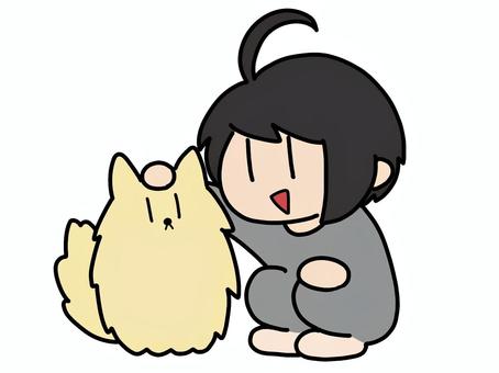 僕と犬１ 犬,ペット,人物,男の子,ポメラニアン,撫でる,仲良しのイラスト素材