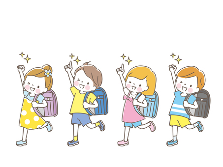 Illustration, guts pose, school bag, children, 