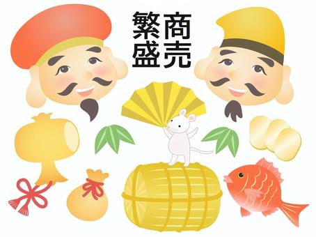 十日戎　商売繁盛② 十日戎,商売繁盛,えべっさん,恵比寿様,大黒天,鯛,めでたい,打ち出の小槌,大判,小判のイラスト素材