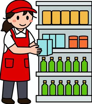 赤のスタッフの品出しです。 スタッフ,シンプル,店員,品出し,陳列,作業,棚入れ,棚卸し,商品,管理のイラスト素材