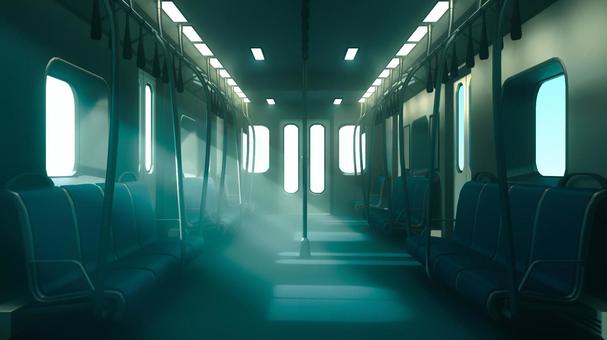 海外風の電車の不気味な雰囲気の無人の車内 電車,電車内,背景,乗り物,座席,吊り革,公共機関,交通機関,通勤,通学のイラスト素材