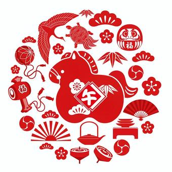 午年の年賀素材　円形の年賀シンボル 干支,十二支,午年,かわいい,シンボル,アイコン,セット,年賀状素材,年賀状,年賀素材のイラスト素材