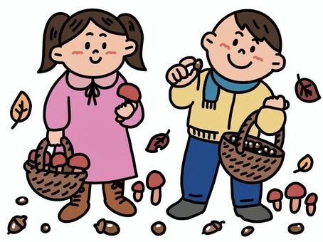 どんぐりやきのこを集める子ども どんぐり,キノコ,収集,子ども,秋,木の実,かわいい,やさしい,シンプルのイラスト素材