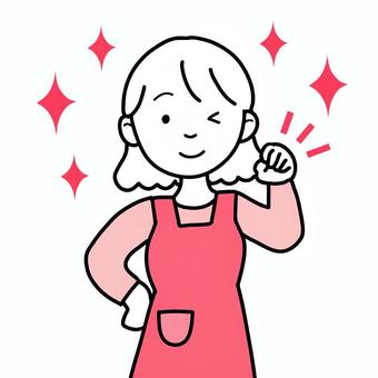 シンプルやる気主婦（p） シンプル,やる気,キラキラ,ガッツポーズ,主婦,ウインク,女,人,にっこり,笑顔のイラスト素材