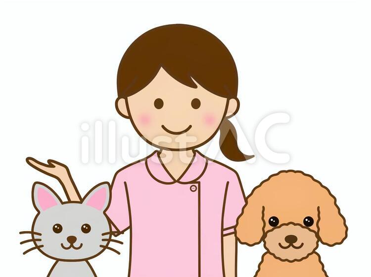 可愛い犬猫と動物病院の看護師の女性 動物病院,動物,病院のイラスト素材