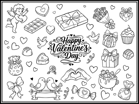 バレンタイン素材-3（白黒） バレンタイン,バレンタインデー,エンジェル,天使,ハート,青い鳥,チョコレート,花束,バラ,リボンのイラスト素材