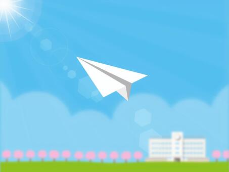 桜と学校と紙飛行機1つ 紙飛行機,桜,春,学校,校舎,校庭,光,風景,イラスト,素材のイラスト素材