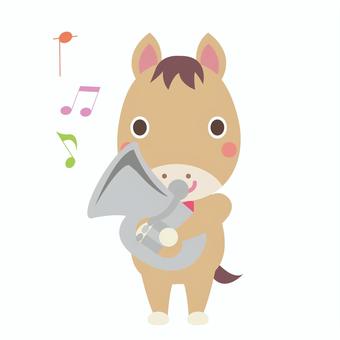 ユーフォニウムを吹く午年の馬 午,馬,ユーフォニウム,ユーフォニアム,ユーフォ,午年,金管楽器,音楽,楽器,演奏のイラスト素材