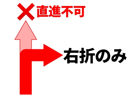 進路案内 矢印,右折のみ,直進不可,バツ,進路,誘導,方向,案内,表示,目印のイラスト素材