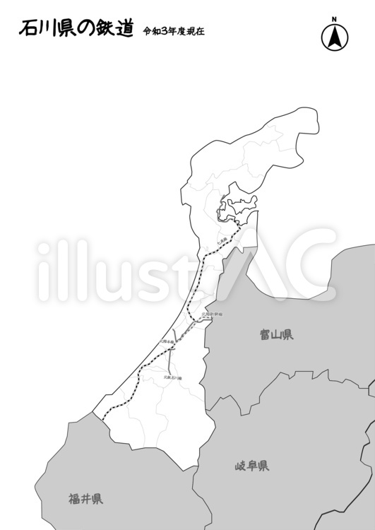 石川県　県　鉄道　線路　日本　地図　白黒 石川県,県,鉄道のイラスト素材