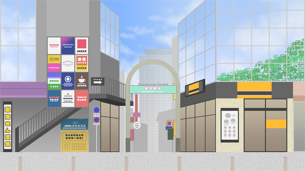 都会の商店街の背景/風景(16:9) 商店街,街並み,都会,街,通り,ビル,建物,商店,背景,風景のイラスト素材