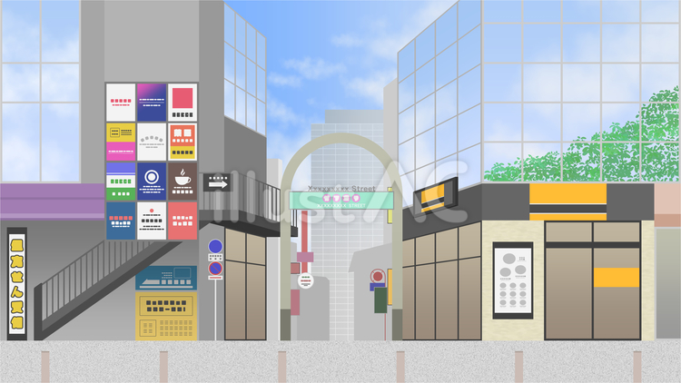 都会の商店街の背景/風景(16:9) 商店街,街並み,都会のイラスト素材